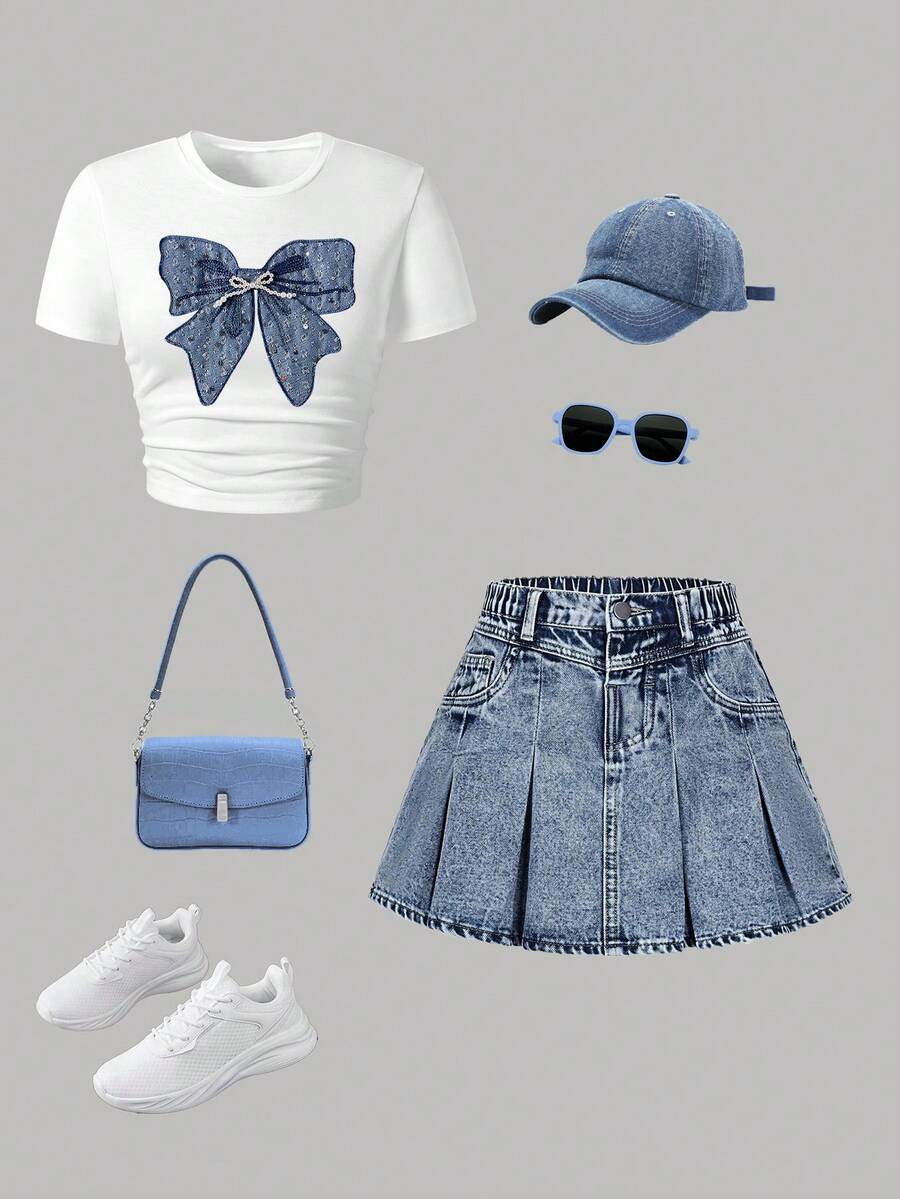 Áo ngắn tay in hình hoạt hình dành cho bé gái và chân váy mini denim. - trắng - Xem 1