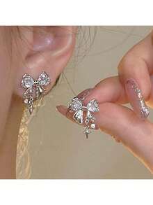 Rhinestone Bow Decor Stud Earrings - 彩色 - 查看 6