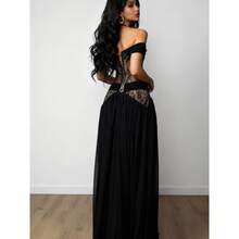 European And American Black Off-Shoulder Lace Hollow Long Dress High Slit Draped Evening Gown - 黑色 - 查看 2