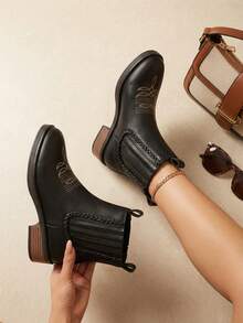 Women's Printed Pattern Vintage Fashion Casual Ankle Boots For Daily Wear - Black - View 2