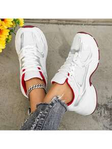 Women's Lace-Up Casual Sneakers - Breathable Fabric Toe Cap, Cushioned And Comfortable Lightweight PVC Sole, Stylish And Simple Design, Wear-Resistant And Non-Slip, Suitable For Indoor, Vacation And Daily Wear / Special Price Comfortable Shoes - 紅色 - 查看 5