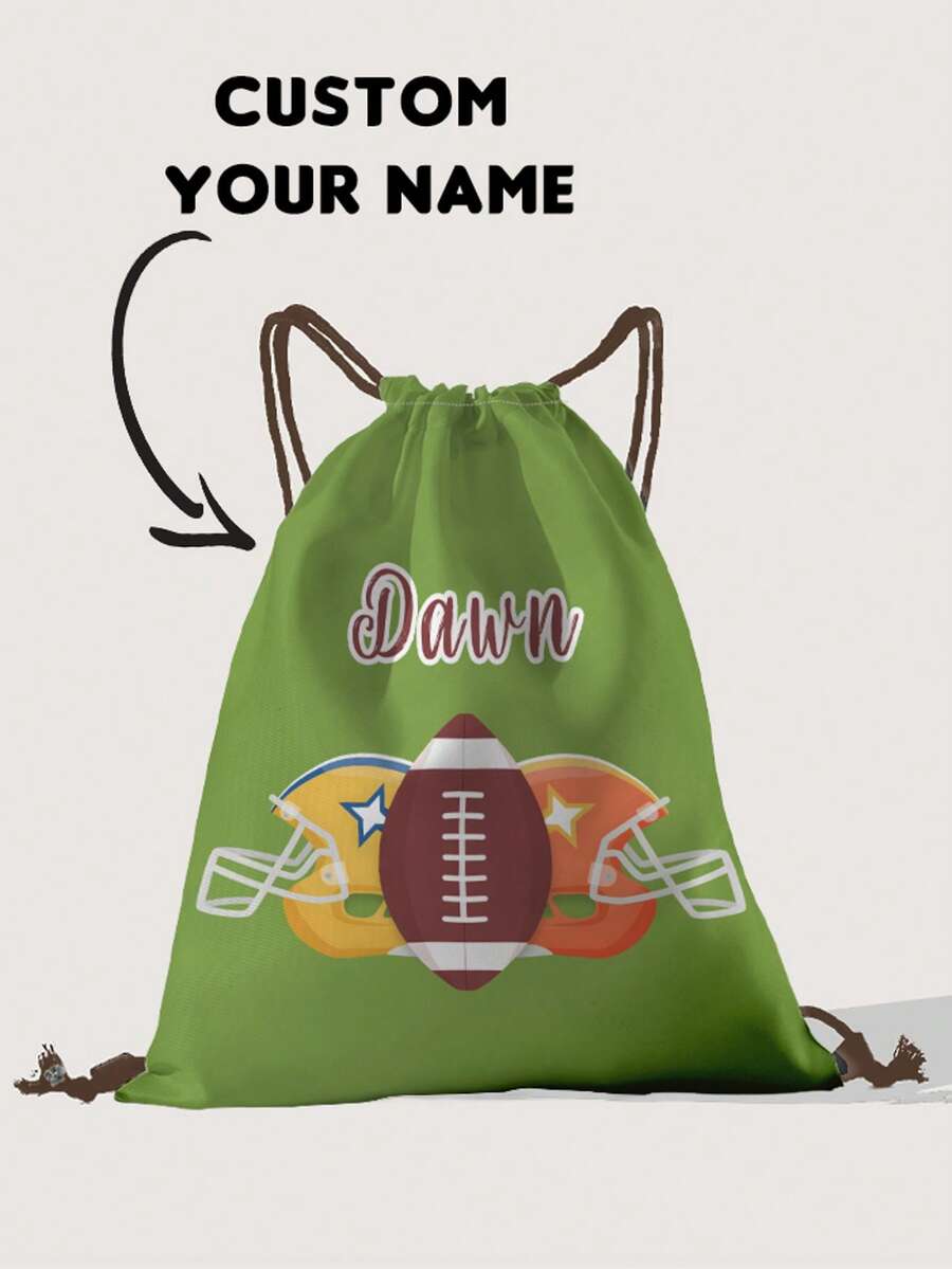 1pc Customized Name Cartoon Football Pattern Drawstring Backpack, Can Be Customized According To Your Unique Design, Perfect For Children, Print Your Own Name Or Print Sister And Classmate's Name As A Gift To Give To Others