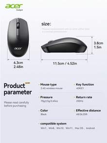 Acer Official Genuine OMR280 2.4GHz Wireless Mouse, Silent Mouse With USB Receiver, Plug And Play, Ergonomic Design, Suitable For Office And Home Entertainment Scenarios, Multi-System Compatible Devices, Laptop, PC - Black - View 13