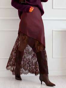 Plus Size Women Solid Color Elegant Date Party Daily Versatile Lace Patchwork Satin Midi Skirt Spring - Purple - View 2