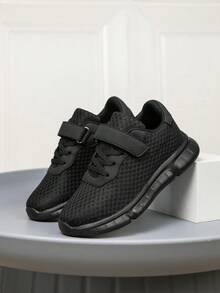 1 Pair New Kids Hook & Loop Sports Shoes, Breathable Mesh Upper, Non-Stuffy, Black, Soft Sole, Comfortable, Durable, Versatile Casual Sneakers For Boys And Girls, Ultra Lightweight, Soft Sole, Shock Absorbing - Black - View 2