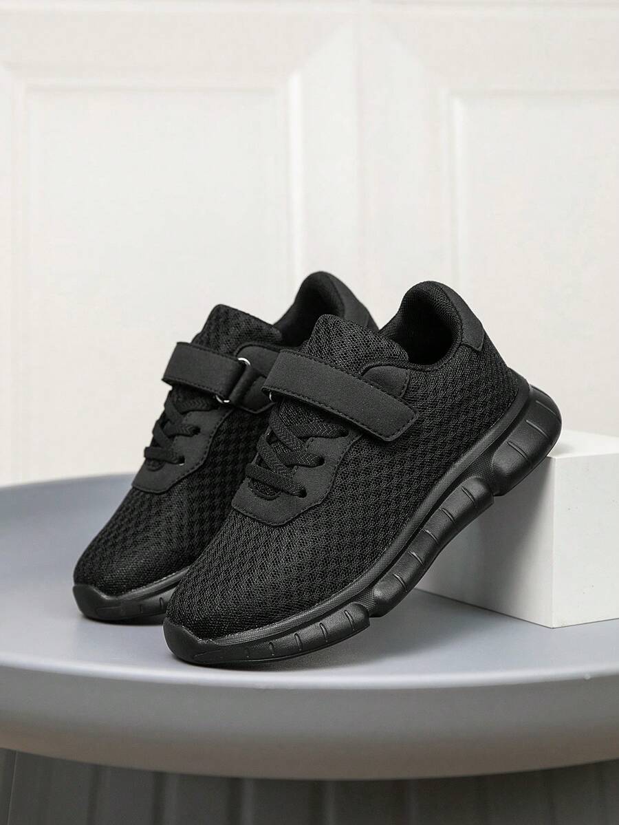 1 Pair New Kids Hook & Loop Sports Shoes, Breathable Mesh Upper, Non-Stuffy, Black, Soft Sole, Comfortable, Durable, Versatile Casual Sneakers For Boys And Girls, Ultra Lightweight, Soft Sole, Shock Absorbing