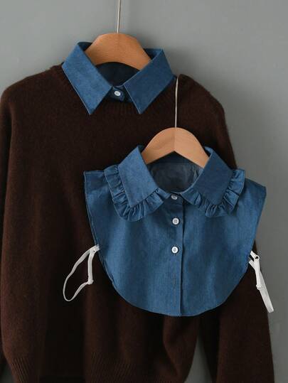 1件女士牛仔休闲衬衫，配有可拆卸领子，包括立领、尖领、圆领、荷叶领等多种款式，多功能可拆卸领，适合秋冬季服装搭配。