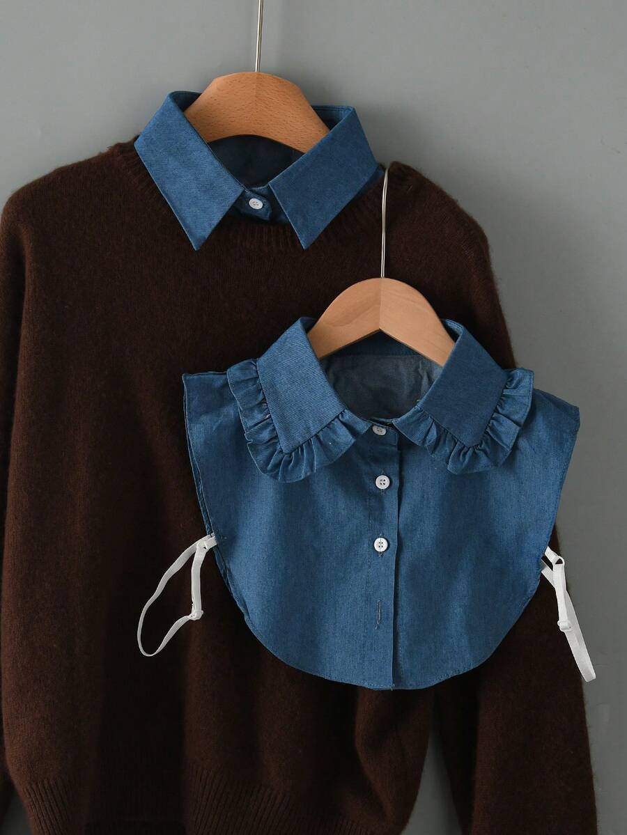 1件女士牛仔休闲衬衫，配有可拆卸领子，包括立领、尖领、圆领、荷叶领等多种款式，多功能可拆卸领，适合秋冬季服装搭配。