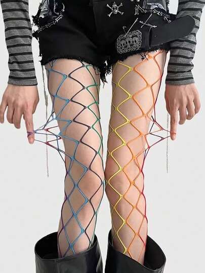 1 Pair Of New Rainbow Fishing Net Socks And Pantyhose, Large Mesh Fishing Net Socks, Personalized Cos Silk Socks, Hollowed-Out Base Socks, Colorful Mesh Socks, Y2k Socks, Hot Girl Abby Punk Base Pantyhose, Suitable For Daily Use