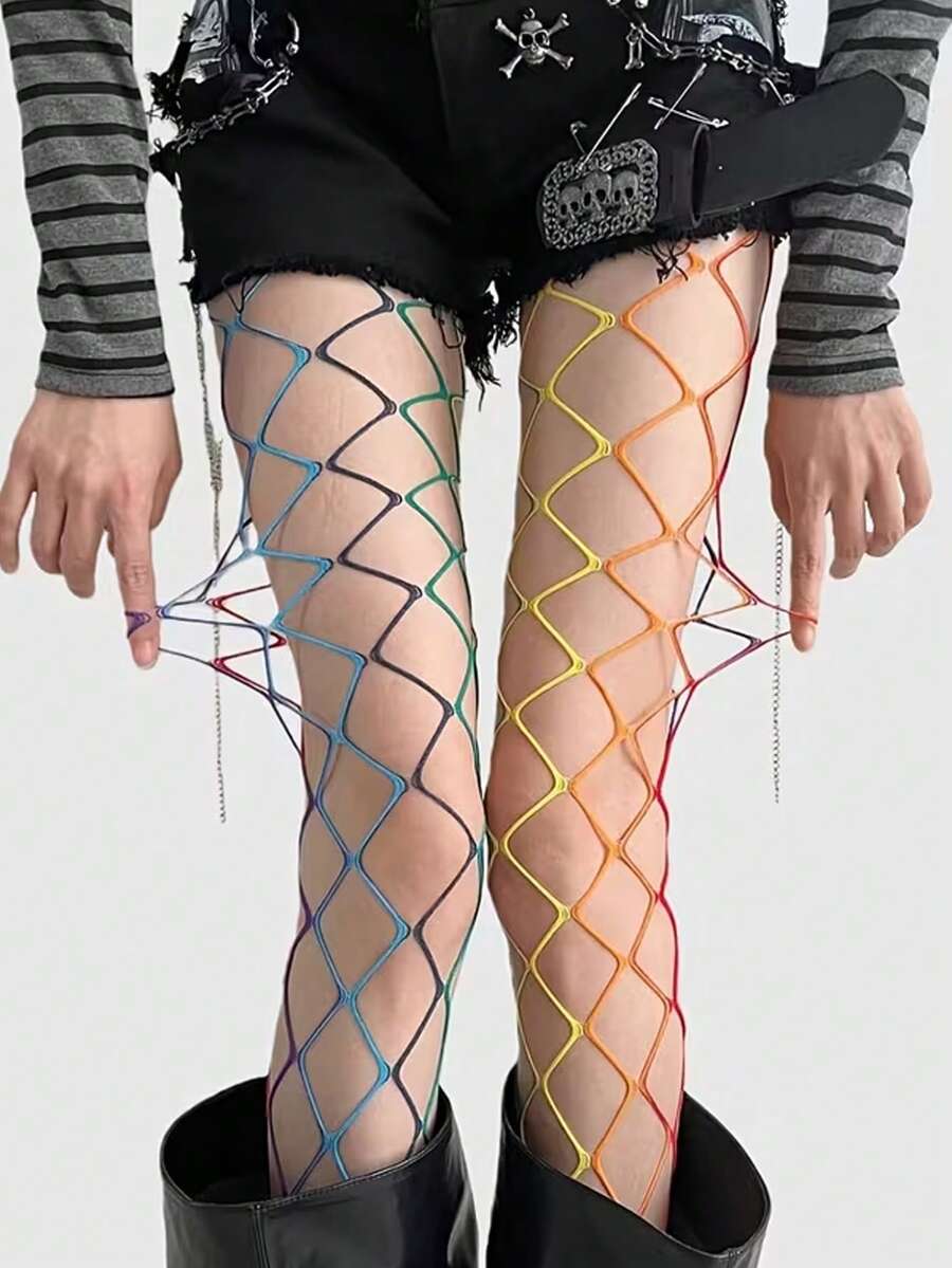 1 Pair New Rainbow Fishnet Socks And Pantyhose, Large Mesh Fishnet Socks, Personalized Silk Socks, Hollow-Out Socks, Colorful Mesh Socks, Y2K Style Socks, Sexy Punk Pantyhose, Suitable For Daily Wear - Multicolor - View 1
