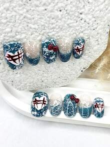 Bộ 10 miếng dán móng tay hình oval ngắn màu xanh denim in hình trái tim và nơ (1 miếng dán dạng gel + 1 dũa móng) - Dụng cụ làm móng - Màu xanh lam - Xem 2