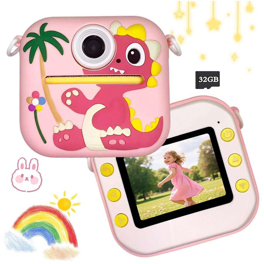 Máy ảnh kỹ thuật số cho trẻ em, phù hợp cho bé trai và bé gái từ 3-12 tuổi - Camera selfie quay video HD 1080P ống kính kép với màn hình 2.4 inch, nhạc, trò chơi, thẻ nhớ SD 32GB, giấy in và dây đeo - Món quà đồ chơi Giáng sinh và sinh nhật hoàn hảo