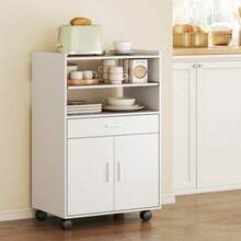 Microwave Cabinet, Shelf, Double-Door Cabinet, Drawer, Casters, White - White - View 7