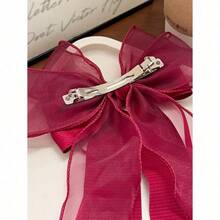 1pc Beige Mesh Hair Clip With Heart Print, Large Bowknot And Spring Clip, Elegant And Gentle Hair Accessory Hair Bow For Spring Valentine's Day, School Stuff, College, Bows, Cute, Hair Accerssories - Burgundy - View 5