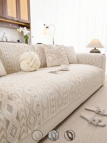 1件复古几何图案半磨砂提花沙发垫，新款毛绒座椅垫，宠物防抓，适用于1-4座沙发，四季通用，可机洗 - 米色 - 查看 2