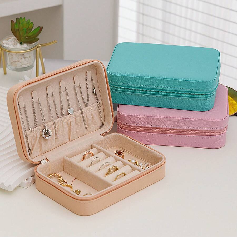 Simple Jewelry Bag Portable Travel Jewelry Storage Box Leather Jewelry Storage Box Fashion Women Portable Travel Jewelry Box PU Leather Necklace Ring Earrings Zipper Storage Boxes Jewelry Display Cases Organizer - 綠色 - 查看 1