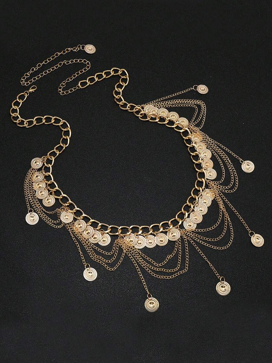 SHEEGIOR 1件多层流苏波浪链硬币吊坠腰链，适合女性作为肚皮舞装饰或身体链配饰