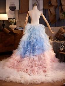 Velo de novia con cola larga, al estilo europeo y americano, accesorio de vestido formal de alta gama para fiestas de Año Nuevo, desfiles de moda, actuaciones y accesorios del Día de San Valentín - Rosa Pálido - Ver 5