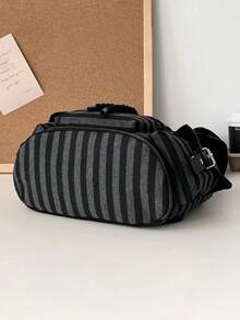 Black & White Striped Multi-Pocket Drawstring Backpack Casual Streetwear Bag School Bag Bookbag - Black - View 6