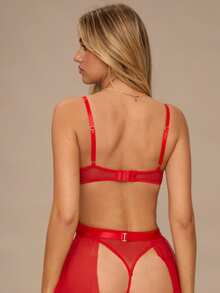 Enchnt Set de 4 piese: Body sexy din dantelă contrastantă, fustă cu portjartier și 2 ciorapi de lenjerie intimă de mireasă pentru ieșiri în oraș - roșu - Vizualizare 7