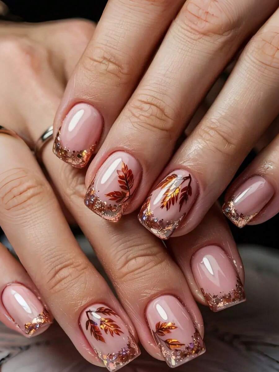 24pcs French Maple Leaf Pattern Nail Stickers, Multi-Color Glitter, Press-On Fake Nails, Nail Art Supplies, Y2K Style - Baby Pink - View 1