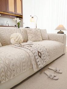 1件复古几何图案半磨砂提花沙发垫，新款毛绒座椅垫，宠物防抓，适用于1-4座沙发，四季通用，可机洗 - 米色 - 查看 7