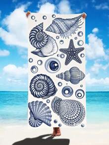 1 Ocean Series Beach Towel With Various Shells, Conches, And Coral Prints – Extra-Large Size, Super Soft And Quick-Drying, Waterproof And Sand-Resistant. A Perfect Holiday Essential For Poolside Lounging, Beach Vacations, Yoga Practice, And Outdoor Adventures.
