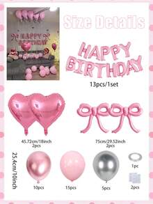 粉色蝴蝶结生日气球套装，包含18英寸心形气球和16英寸生日横幅铝箔气球，适合生日派对装饰、女士粉色生日装饰、生日快乐派对装饰
