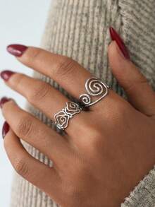 2pcs/1pc 18K Gold Plated Stainless Steel Hollow Spiral Rings For Women, Waterproof, Suitable For Summer Wear, High Quality Women Jewelry, Suitable For Daily Wear - Silver - View 4