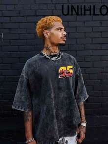 Disney UNIHLO Lightning Mcqueen Printed Summer Heavyweight Retro Washed Street Fashion Casual T-Shirt - 黑色 - 查看 4