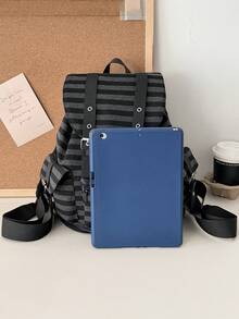 Black & White Striped Multi-Pocket Drawstring Backpack Casual Streetwear Bag School Bag Bookbag - Black - View 11