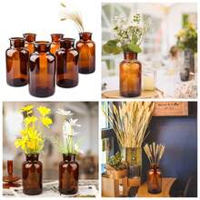 Set Of 6 Amber Bud Vases, Small Glass Vases, Vintage Medicine Bottles Apothecary Jars With Brush, Flower Vases For Home Decor, Wedding Centerpieces - 預設 - 查看 2