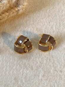 一对简约复古法式几何珐琅棕色垂坠三角形独特设计耳环，适合女性日常通勤，百搭时尚高端 - 棕色 - 查看 5