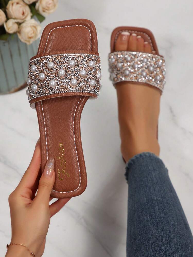 Schlüpf-Sandalen mit Strass-Verzierung, sexy Strandmaultiere für Frauen, leicht, rutschfest, geeignet für den Sommer, Große Größen - Braun - Übersicht 1