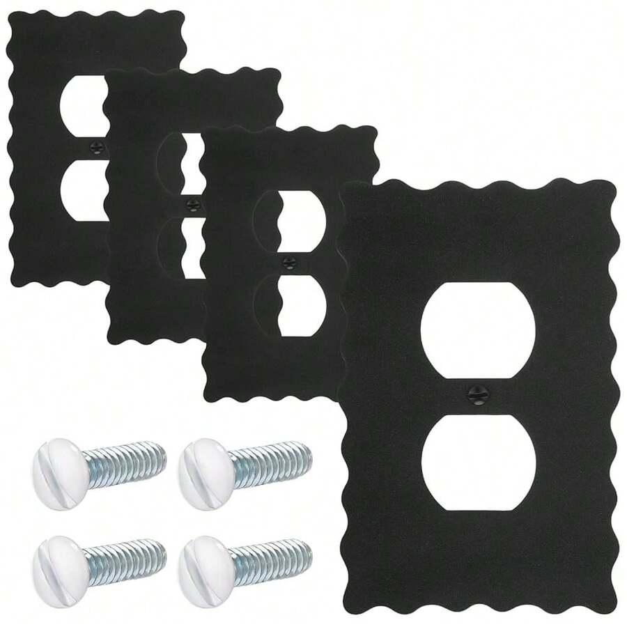 4 Pcs Black Scalloped Duplex Outlet Covers Metal Cute Scalloped Decorative Outlet Cover Wall Plate Room Decor For Bedroom Home - 黑色 - 查看 1