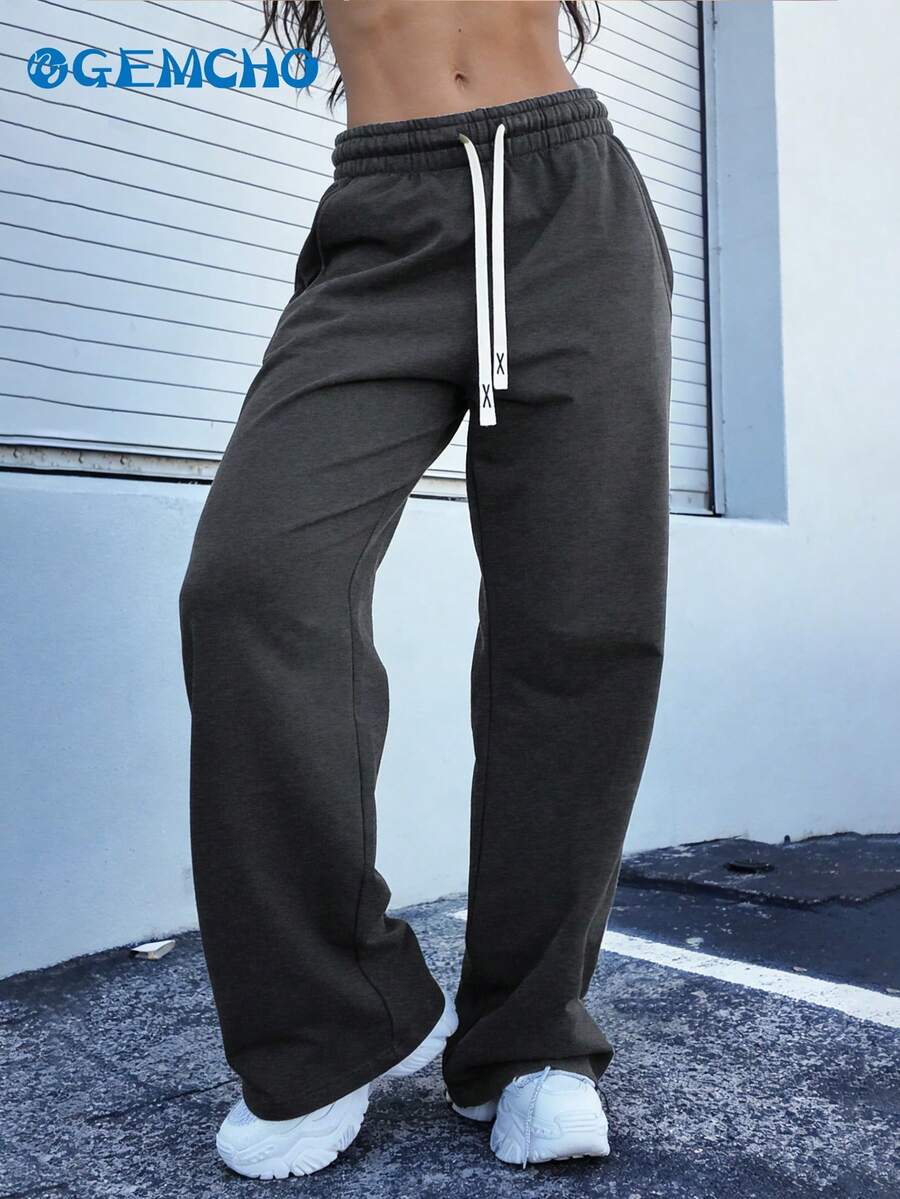 GEMCHO 1pc Women's Drawstring Waist Loose Wide Leg Casual Sweatpants With Pockets, Knit Fabric With Slight Stretch, Suitable For Leisure, Running, Jogging, Fitness, All Season Long Pants - Dark Grey - View 1