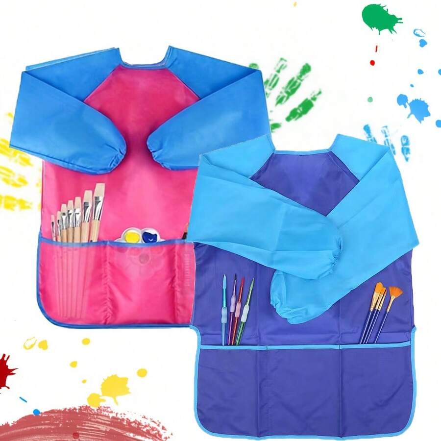 1pc Polyester Youngsters' Waterproof Art Apron - Blue With Paint Splatter Design, Easy-To-Wear Reverse Cover-Up For Painting & Mealtime