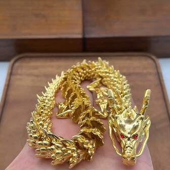 Figura decorativa de dragón dorado de 5 garras - Dragón chino con suerte y movible, escamas exquisitas y acentos de gemas, adorno de escritorio para el hogar u oficina, sin necesidad de energía