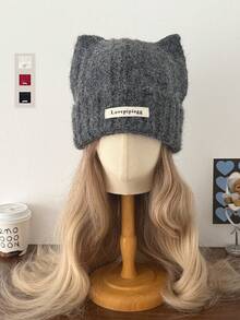 1pc Large-Fit Cat Ear Beanie, Cute Knitted Hat With Cat Ears, Thick & Warm For Autumn/Winter, Suitable For Large Head Circumference