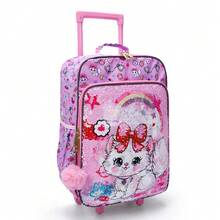 BLING BABIES Maleta infantil con ruedas, de material con lentejuelas, con patrón de gato rosa doble, con función de brillo en la oscuridad, maleta de mano para la escuela primaria, adecuada para fines de semana y viajes - Rosa - Ver 11