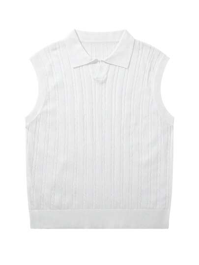 Men's New Casual Loose Solid Color Twist Rope Floral Pattern Korean Basic Versatile Commute Retro Slouchy Polo Collar Sleeveless Knit Vest