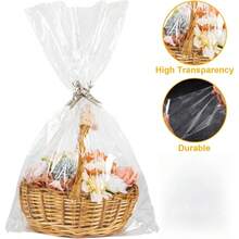 10pcs Cellophane Bag With Golden Twist Tie, Colorful Bow, Transparent Basket Bag OPP Plastic Cellophane Packaging For Gift Display, Wedding, Birthday Party, Mother's Day Gift Bag - View 5