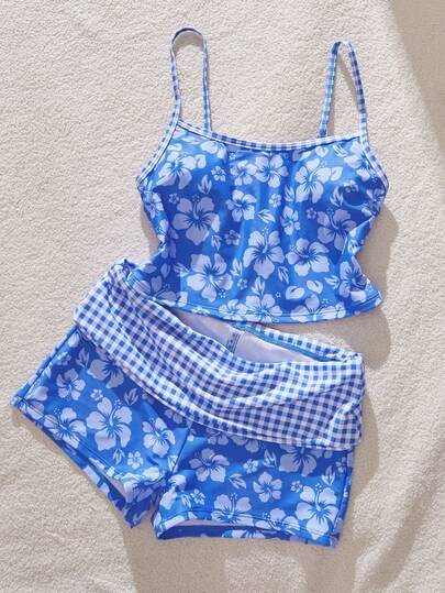 Women's Tank Bikini Swimsuit, Summer T-Shirt Plaid Hibiscus Print Beach Top With Built-In Bra/Outerwear/Birthday Outfit/Casual Wear/Y2K/2000s/Millennium Clothing/Elegant/Old Money/Streetwear/Vacation Outfit/Girls Beach Outfit