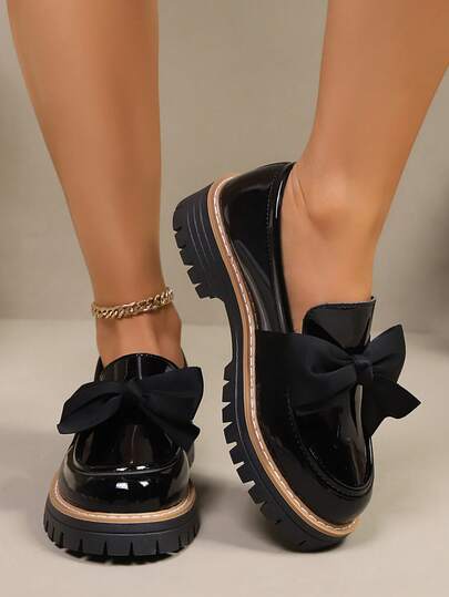 New Women Loafers Thick Sole Fashion Versatile Leather Upper Slip-On Round Toe Bow Decor Shoes, Suitable For Spring & Autumn