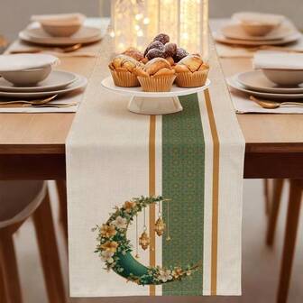 Dieses Ramadan-Tischläufer-Set beinhaltet mehrere Tischläufer mit einem minimalistischen Ramadan-Design - grüner Halbmond und Laternen-Muster, aus strapazierfähigem Polyestermaterial, in rechteckiger Form, geeignet für Küche, Esszimmer, Partys und Heimdekoration. In verschiedenen Größen erhältlich, was es zu einem idealen Geschenk macht.