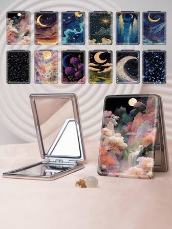 1pc New Chinese Style Countryside Portable Folding Makeup Mirror, Lightweight, Ultra-Thin, Durable PU Leather, Suitable For Various Occasions, Travel, Gathering, Work, School, Suitable For All Ages