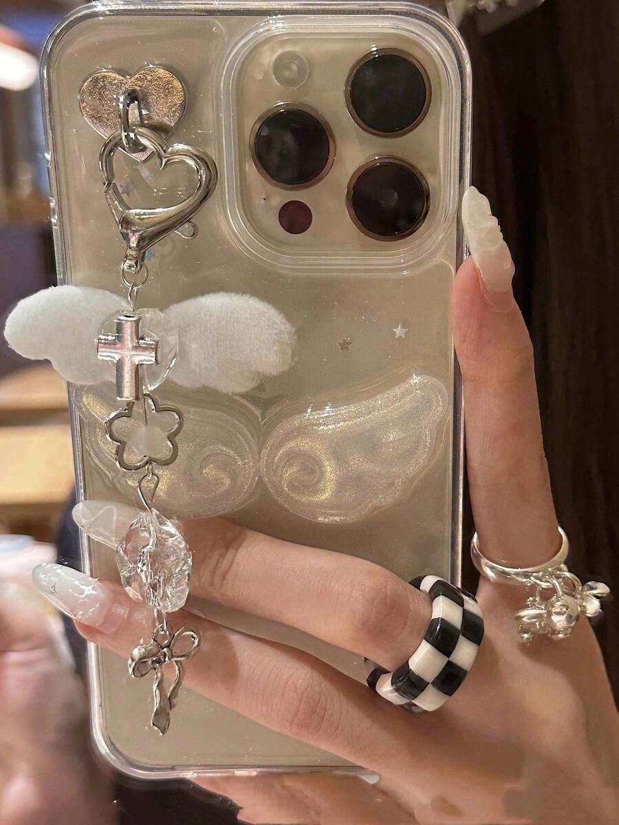 Kpop Style 3D Glitter Wing Soft Phone Case Compatible With IPhone 17 16 Pro Max, 15 New, 14 Pro, 13, 12 Mini, 11 Pro, XS, Shockproof Full Coverage Protection - Wings + Pendant - View 1