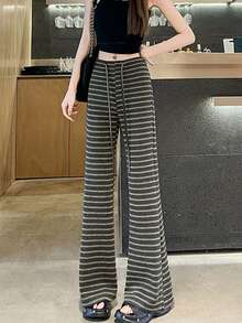 女士条纹喇叭休闲运动裤，高腰显瘦宽松版型，春季新款 - 灰色 - 查看 3