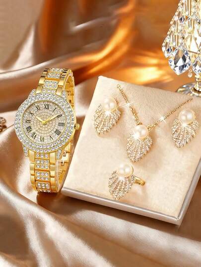 5pcs Teenage Quartz Watch Set, Gold Tone Strap Elegant Stainless Steel Band Design, With Feather (Shell) Shaped Pendant Necklace Earrings Jewelry Set, Best Birthday Gift For Her, Suitable For Daily, Party, Christmas