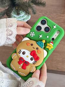 Sanrio 1pc Cartoon Stand Christmas KT Cat Phone Case Compatible With Apple 12/13/14/15/16/17/Pro Max - Green - View 2